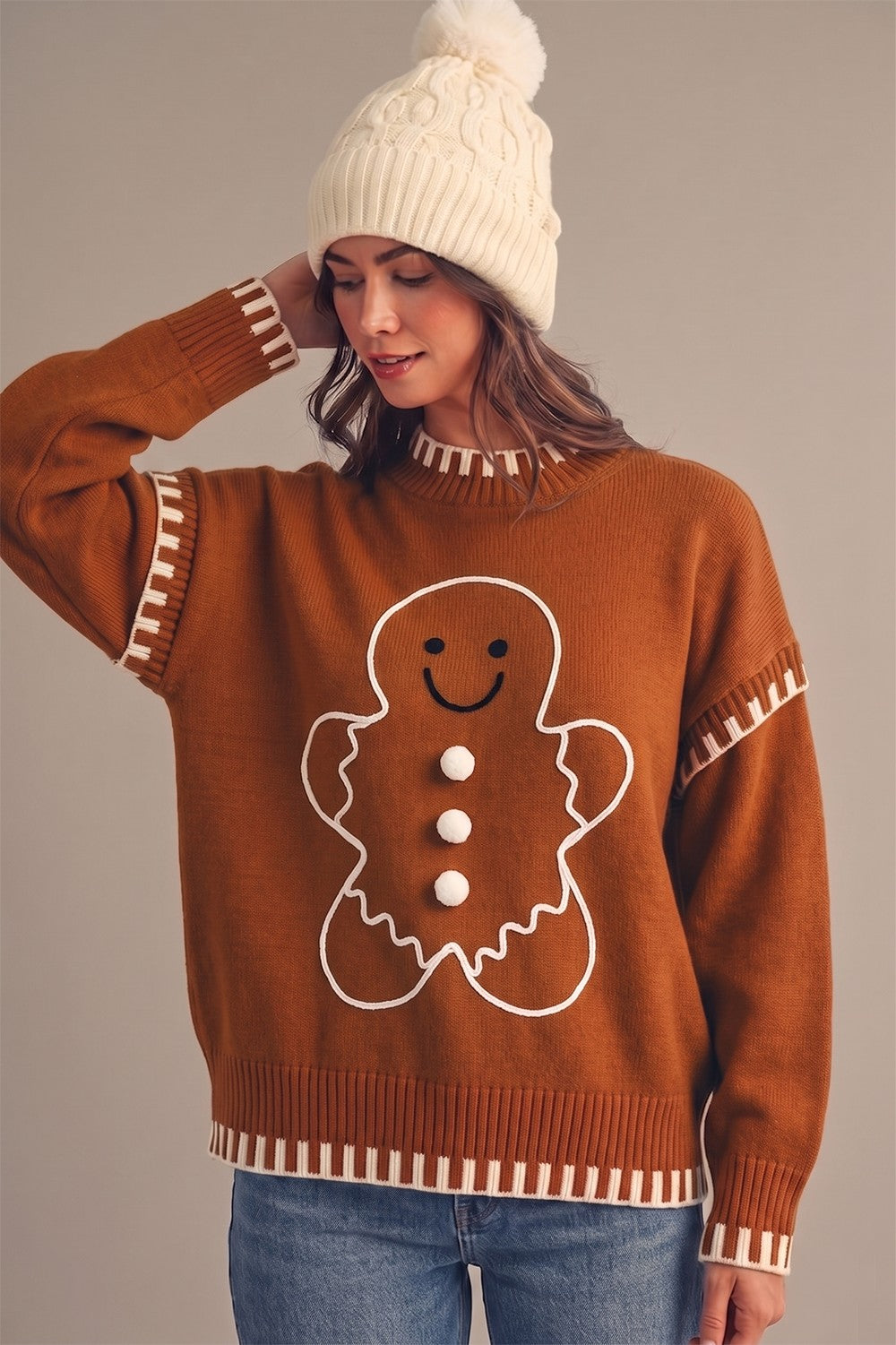 Gingerbread Charm Sweater Contrast Rib Lounge Knit Top