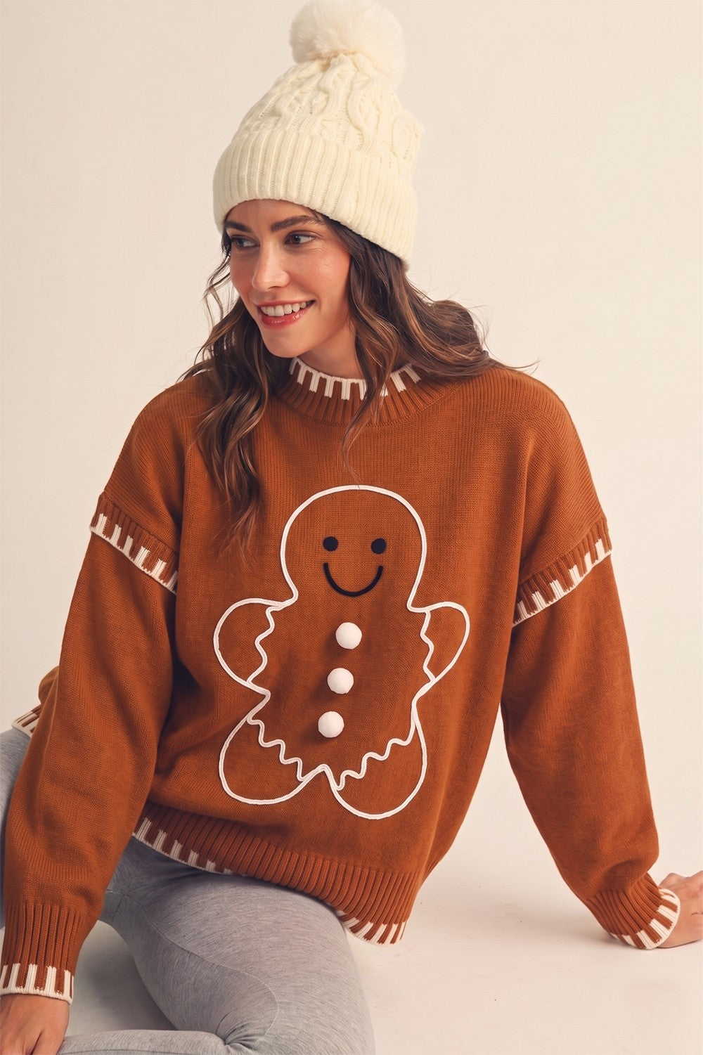 Gingerbread Charm Sweater Contrast Rib Lounge Knit Top