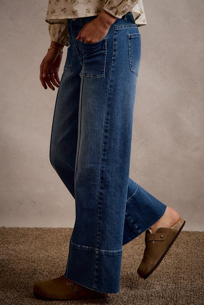 Mid Rise Flare Pin Tuck Bottom Denim Jeans with Front Patch-2