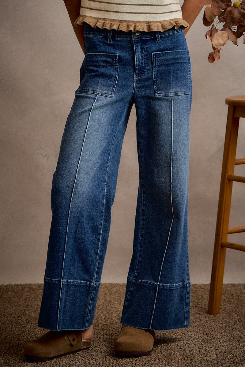 Mid Rise Flare Pin Tuck Bottom Denim Jeans with Front Patch-1