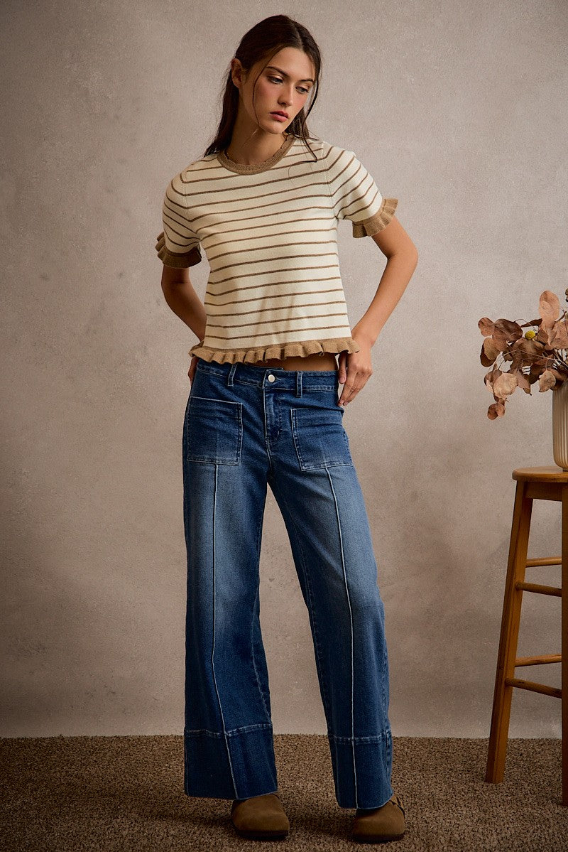 Mid Rise Flare Pin Tuck Bottom Denim Jeans with Front Patch-3