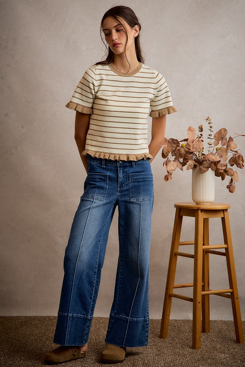 Mid Rise Flare Pin Tuck Bottom Denim Jeans with Front Patch-4