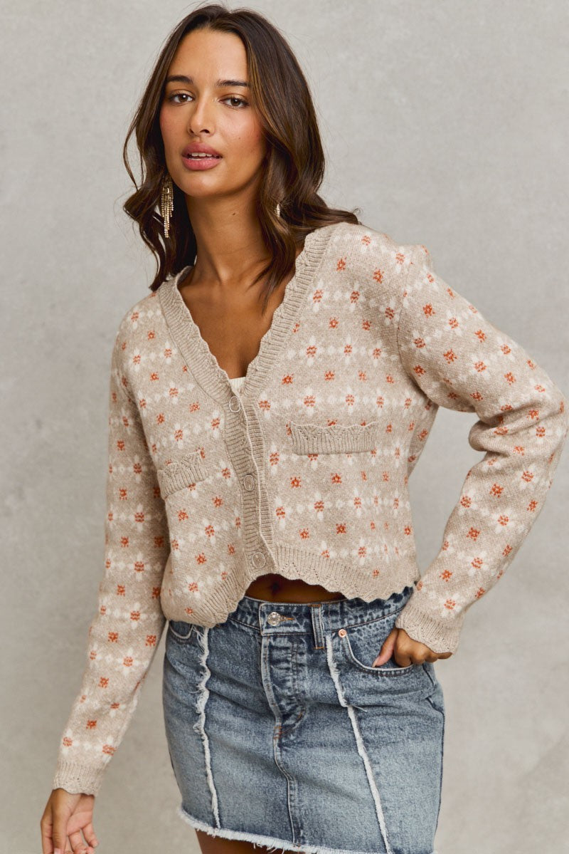 Floral Patterned Button  Down Sweater Cardigan-2