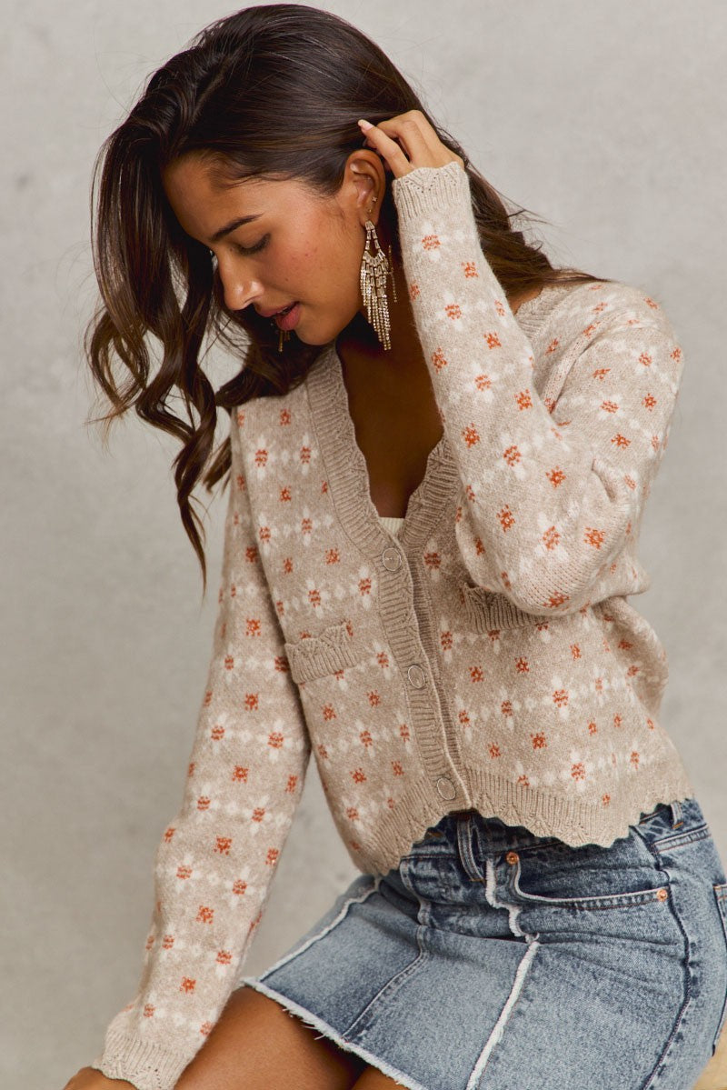 Floral Patterned Button  Down Sweater Cardigan-3