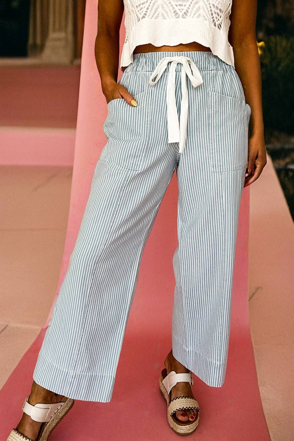 Sky Blue Stripe Mid Rise Drawstring Waist Jeans