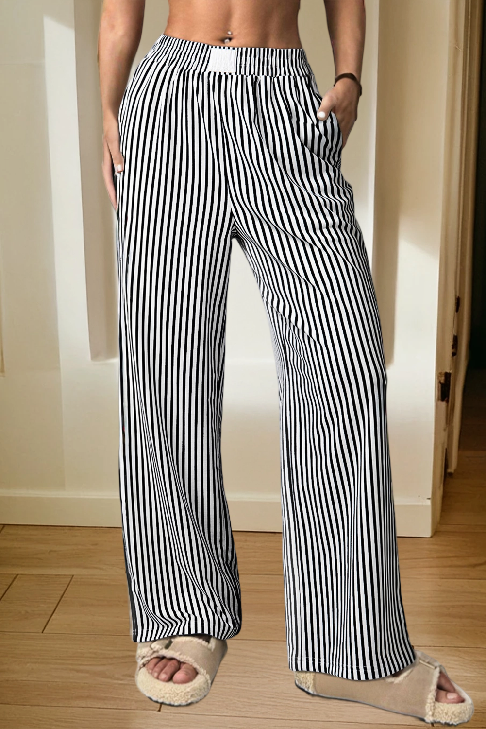 Stripe Elastic High Waist Pocketed Loose Pants (S-XL)