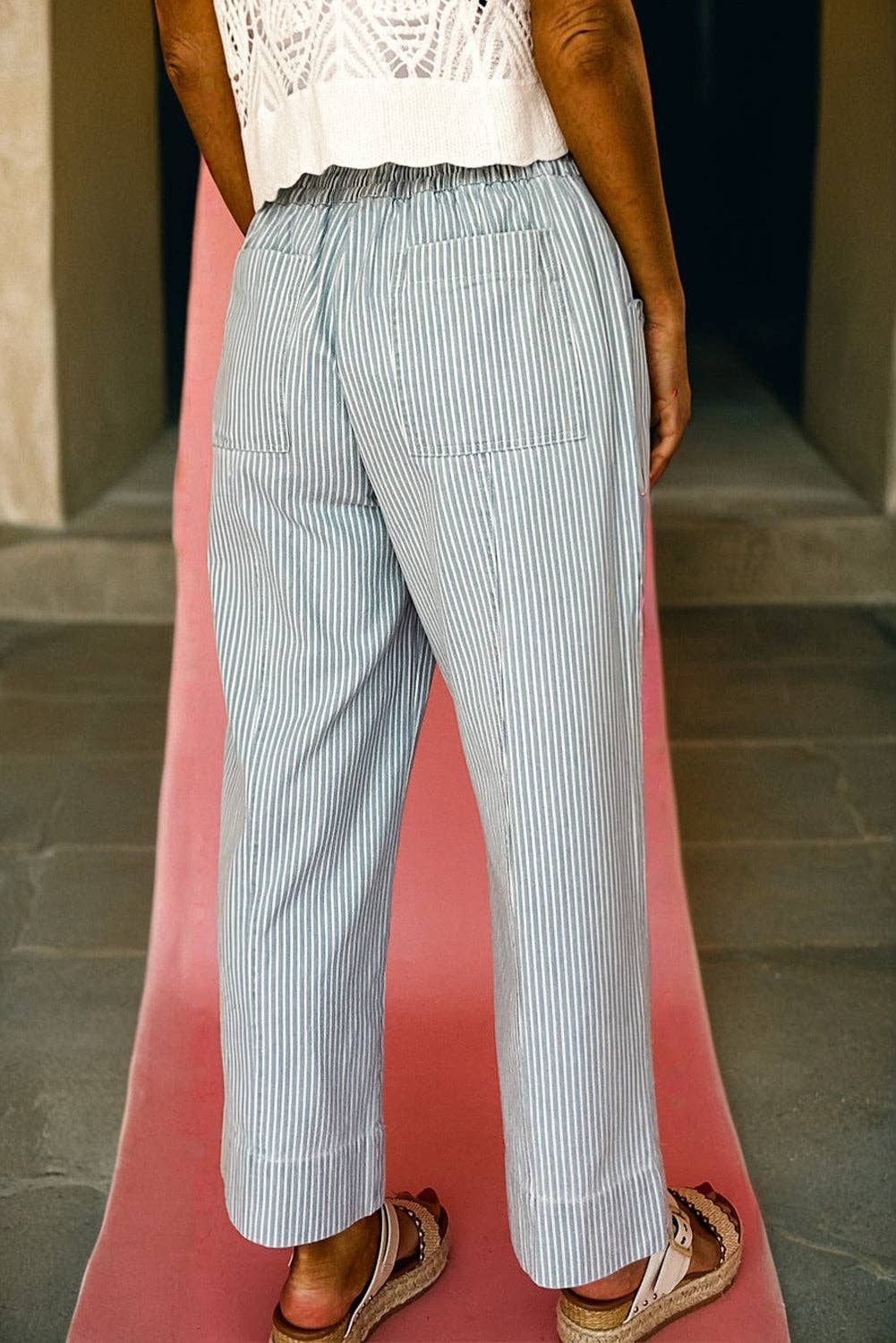Sky Blue Stripe Mid Rise Drawstring Waist Jeans