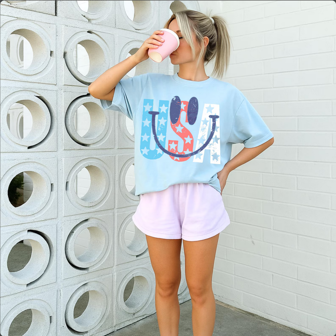 USA Smiley-face Graphic Tee Chambray