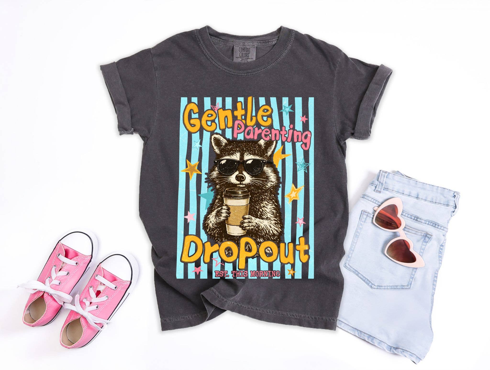 Gentle Parenting Drop Out Raccoon Funny Graphic Tee Pepper