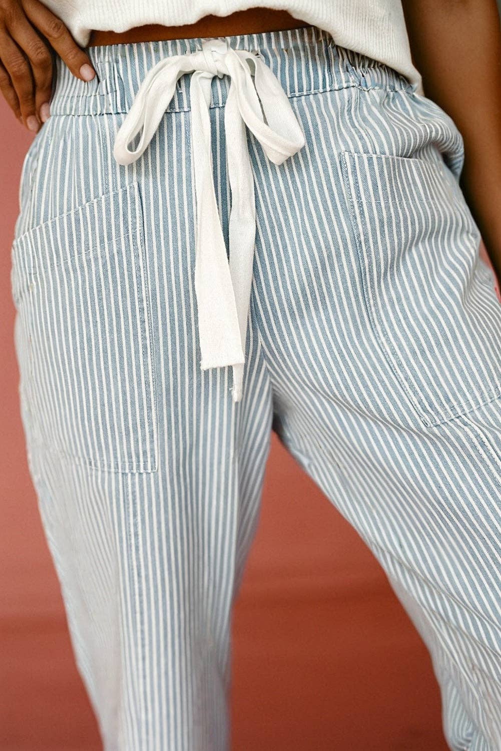 Sky Blue Stripe Mid Rise Drawstring Waist Jeans