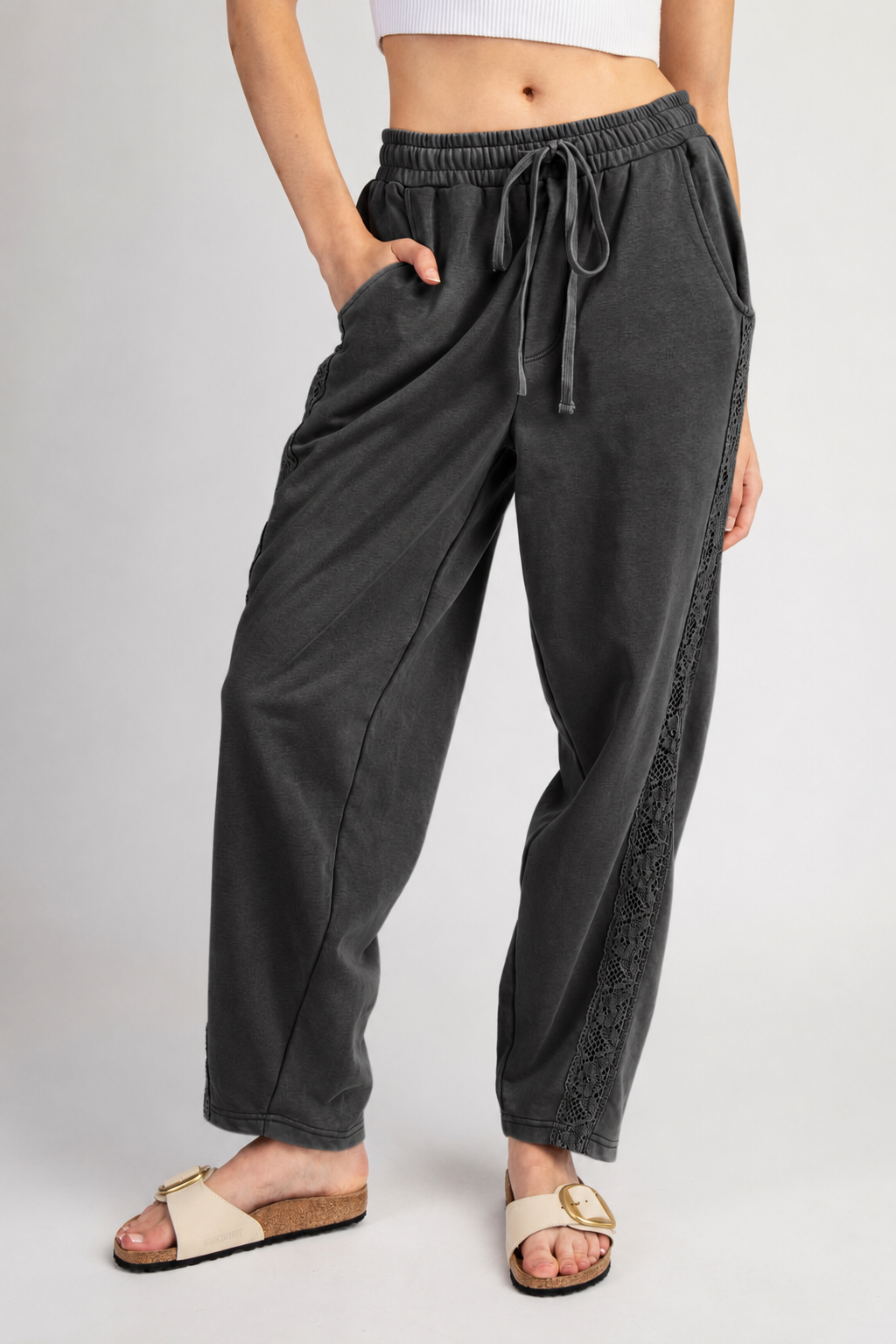 Mineral Washed Lace Trimmed Pants