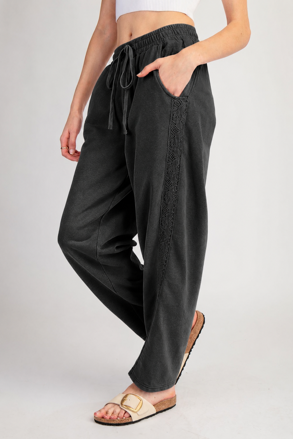 Mineral Washed Lace Trimmed Pants